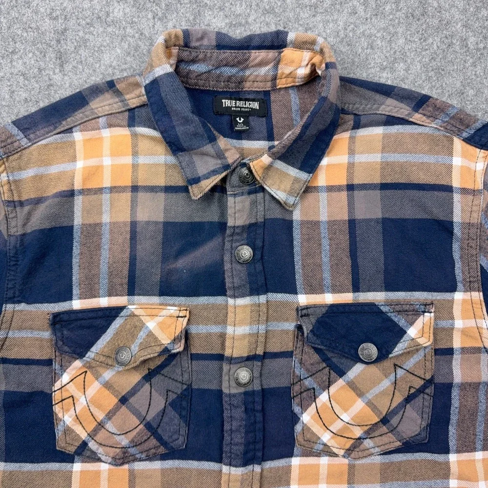 True Religion Shirt Mens Large Blue Tan Plaid Flannel Shacket Logo‎ Flap Pockets
